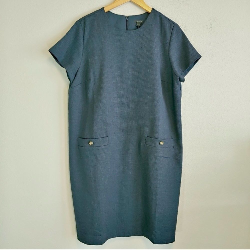 Ann Taylor NWT Short Sleeve Navy Blue Textured Pocket Shift Dress Sz 16 - Picture 3 of 11